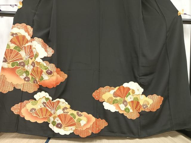 平和屋着物■豪華黒留袖 駒刺繍 扇面草花文 銀糸 金彩 正絹 逸品 AAAZ3639mf