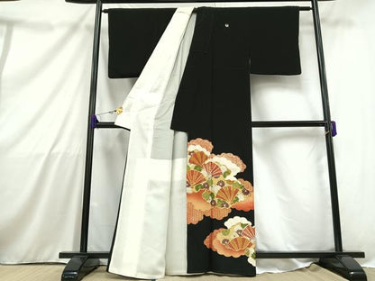 平和屋着物■豪華黒留袖 駒刺繍 扇面草花文 銀糸 金彩 正絹 逸品 AAAZ3639mf