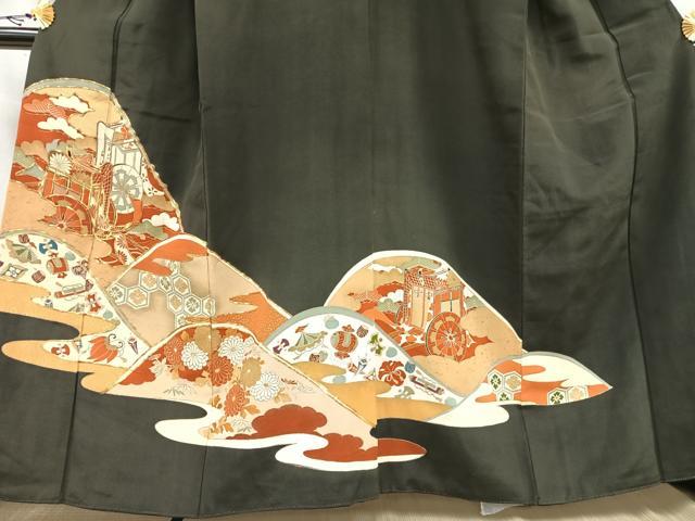 平和屋着物■豪華黒留袖　駒刺繍　御所車草花宝尽くし文　金彩　正絹　逸品　AAAZ3643mf