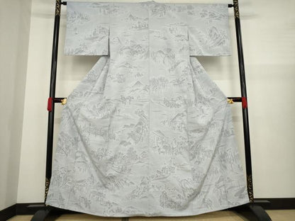 平和屋着物●本塩沢　人物風景文　暁鼠色地　正絹　逸品　AAAZ3807ck