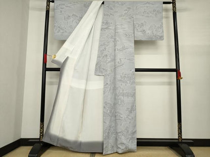 平和屋着物●本塩沢　人物風景文　暁鼠色地　正絹　逸品　AAAZ3807ck