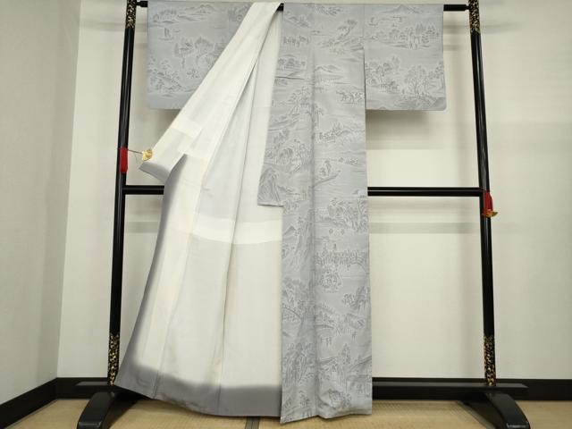 平和屋着物●本塩沢　人物風景文　暁鼠色地　正絹　逸品　AAAZ3807ck