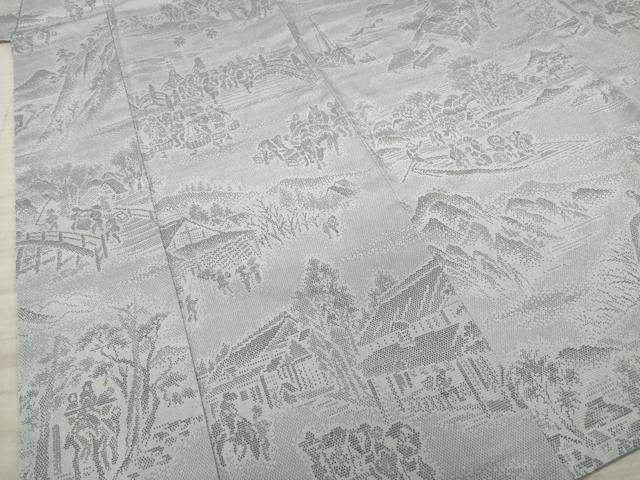 平和屋着物●本塩沢　人物風景文　暁鼠色地　正絹　逸品　AAAZ3807ck