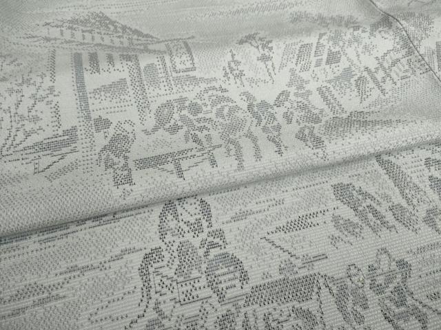 平和屋着物●本塩沢　人物風景文　暁鼠色地　正絹　逸品　AAAZ3807ck