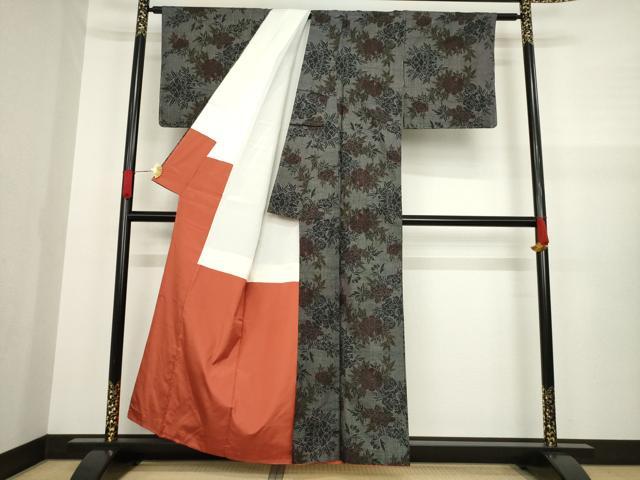 平和屋着物●本場大島紬 一元絣 花尽くし 黒地 正絹 逸品 AAAZ3809ck