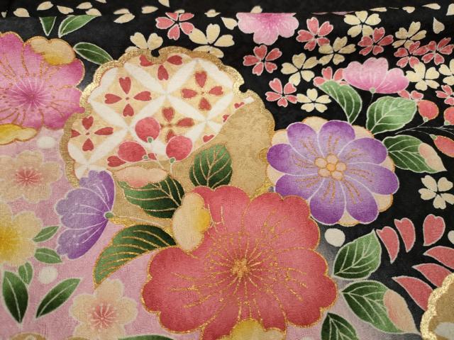 平和屋着物●豪華振袖　辻が花　雪輪花文　暈し染め　黒地　金彩　仮絵羽　逸品　未使用　AAAZ3831ck