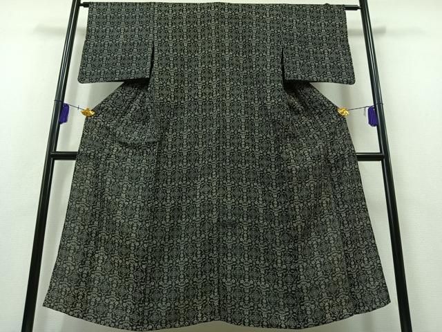 平和屋着物▽上質な小紋 単衣 草花文 黒地 正絹 逸品 AAAZ3961jh