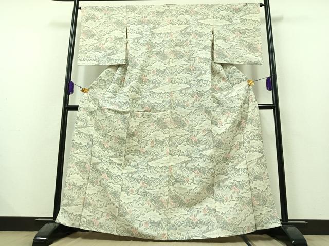 平和屋着物▽上質な紬 単衣 風景人物文 正絹 逸品 AAAZ3962jh
