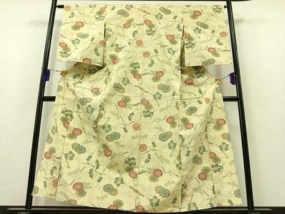 平和屋着物▽上質な紬　単衣　草花文　正絹　逸品　AAAZ3968jh