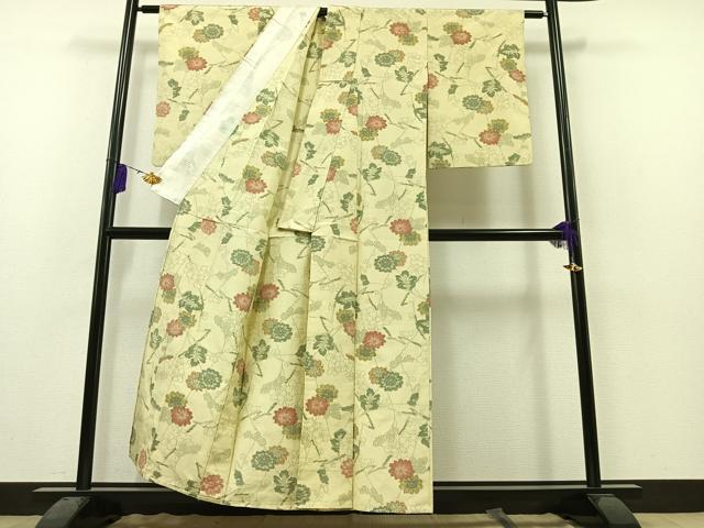 平和屋着物▽上質な紬　単衣　草花文　正絹　逸品　AAAZ3968jh