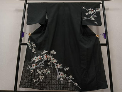 平和屋着物▽訪問着　単衣　桜　黒地　銀彩　洗える着物　AAAZ3972jh