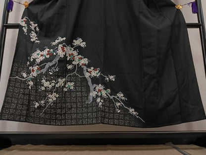 平和屋着物▽訪問着　単衣　桜　黒地　銀彩　洗える着物　AAAZ3972jh