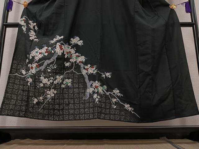 平和屋着物▽訪問着　単衣　桜　黒地　銀彩　洗える着物　AAAZ3972jh