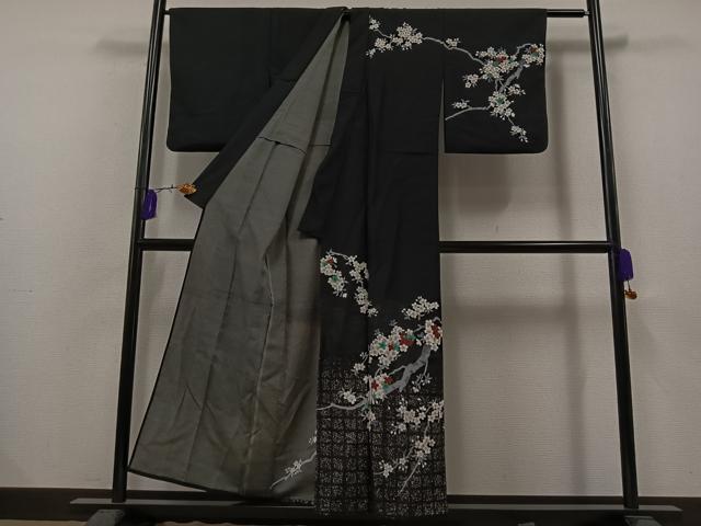 平和屋着物▽訪問着　単衣　桜　黒地　銀彩　洗える着物　AAAZ3972jh