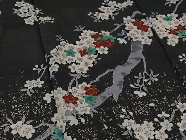 平和屋着物▽訪問着　単衣　桜　黒地　銀彩　洗える着物　AAAZ3972jh