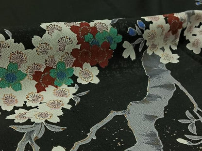 平和屋着物▽訪問着　単衣　桜　黒地　銀彩　洗える着物　AAAZ3972jh