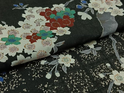 平和屋着物▽訪問着　単衣　桜　黒地　銀彩　洗える着物　AAAZ3972jh
