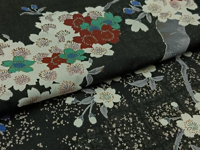 平和屋着物▽訪問着　単衣　桜　黒地　銀彩　洗える着物　AAAZ3972jh
