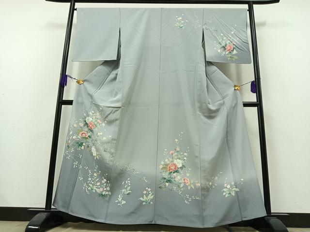 平和屋着物▽訪問着　単衣　友禅　草花文　正絹　逸品　AAAZ3974jh
