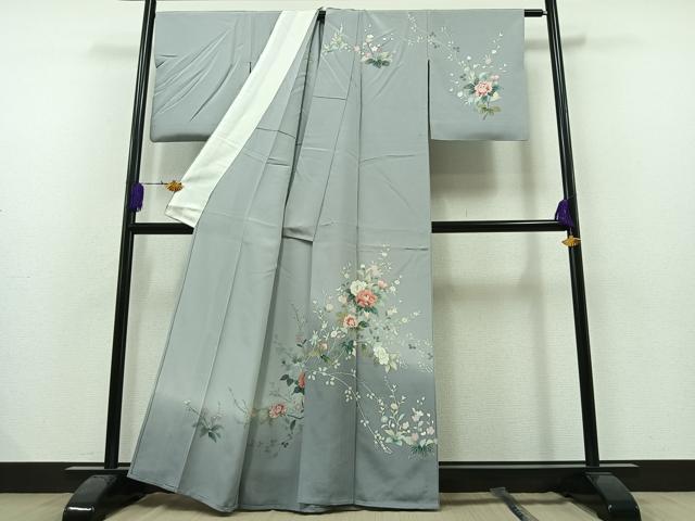 平和屋着物▽訪問着　単衣　友禅　草花文　正絹　逸品　AAAZ3974jh
