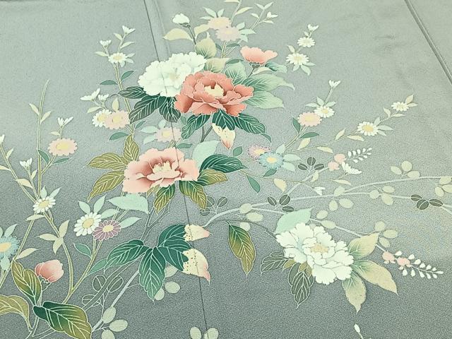 平和屋着物▽訪問着　単衣　友禅　草花文　正絹　逸品　AAAZ3974jh