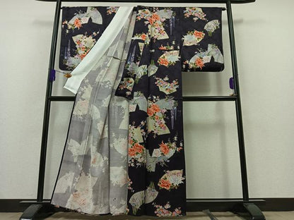 平和屋着物▽上質な小紋 単衣 地紙花文 金彩 正絹 逸品 AAAZ3980jh