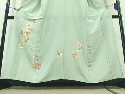平和屋着物▽訪問着　単衣　格子更紗花文　金彩　正絹　逸品　AAAZ3996jh