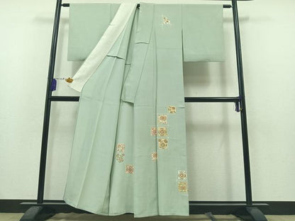 平和屋着物▽訪問着　単衣　格子更紗花文　金彩　正絹　逸品　AAAZ3996jh
