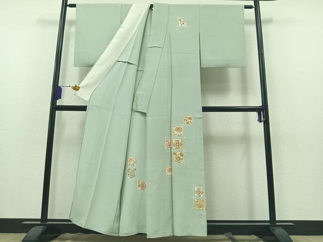 平和屋着物▽訪問着　単衣　格子更紗花文　金彩　正絹　逸品　AAAZ3996jh