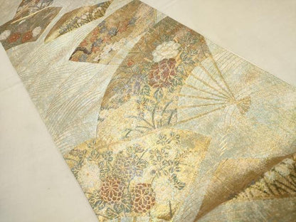平和屋着物▼六通柄袋帯 琳派名画集 扇面草花文 金糸 正絹 逸品 AAAZ4135wj