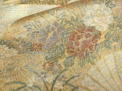 平和屋着物▼六通柄袋帯 琳派名画集 扇面草花文 金糸 正絹 逸品 AAAZ4135wj