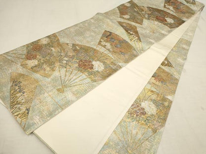 平和屋着物▼六通柄袋帯 琳派名画集 扇面草花文 金糸 正絹 逸品 AAAZ4135wj