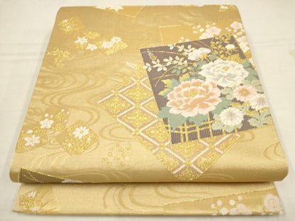 平和屋着物▼六通柄袋帯　唐織　流水色紙草花文　金糸　正絹　逸品　AAAZ4143wj