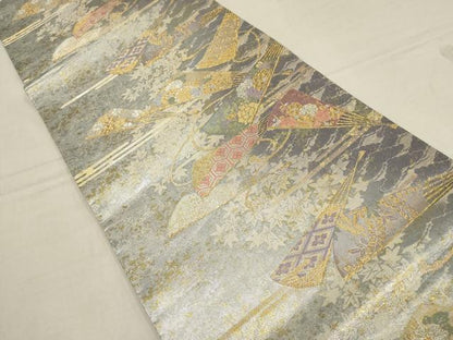 平和屋着物▼六通柄袋帯　扇面草花文　金銀糸　正絹　逸品　AAAZ4185wj