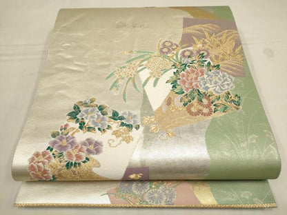 平和屋着物▼六通柄袋帯　巧琳彩宴　色紙草花文　金銀糸　引箔　正絹　逸品　AAAZ4233wj