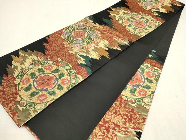 平和屋着物▼六通柄袋帯 唐織 裂取華円文 黒地 金糸 正絹 逸品 AAAZ4289wj