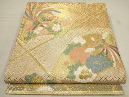 平和屋着物▼佐賀錦　六通柄袋帯　唐織　地紙花鳥文　金糸　正絹　逸品　AAAZ4324wj