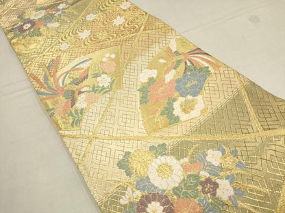 平和屋着物▼佐賀錦　六通柄袋帯　唐織　地紙花鳥文　金糸　正絹　逸品　AAAZ4324wj