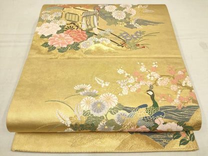 平和屋着物▼太鼓柄袋帯　御所車花鳥文　金糸　正絹　逸品　AAAZ4359wj