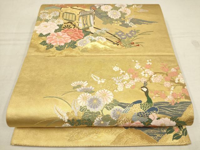 平和屋着物▼太鼓柄袋帯　御所車花鳥文　金糸　正絹　逸品　AAAZ4359wj