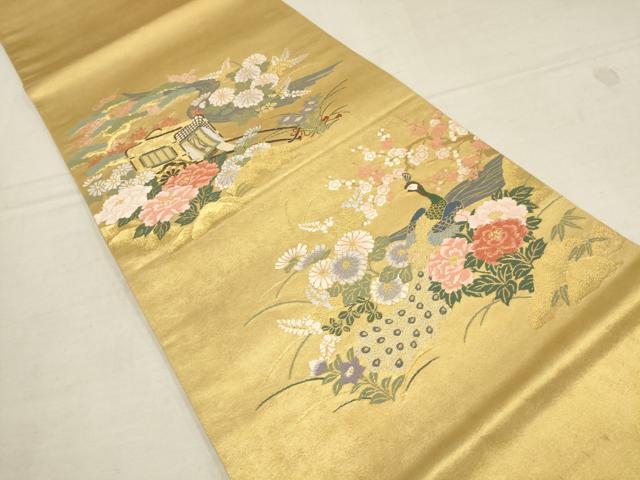 平和屋着物▼太鼓柄袋帯　御所車花鳥文　金糸　正絹　逸品　AAAZ4359wj