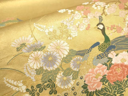 平和屋着物▼太鼓柄袋帯　御所車花鳥文　金糸　正絹　逸品　AAAZ4359wj