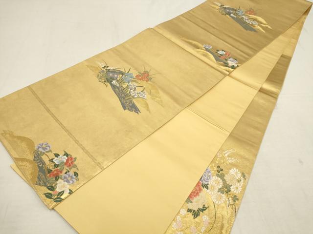 平和屋着物▼太鼓柄袋帯　御所車花鳥文　金糸　正絹　逸品　AAAZ4359wj