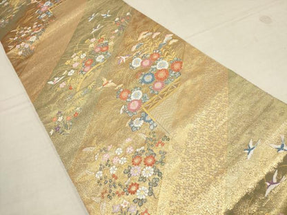 平和屋着物▼六通柄袋帯　小袖の調　斜め取り花鳥文　金糸　正絹　逸品　AAAZ4361wj