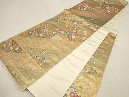 平和屋着物▼六通柄袋帯　小袖の調　斜め取り花鳥文　金糸　正絹　逸品　AAAZ4361wj