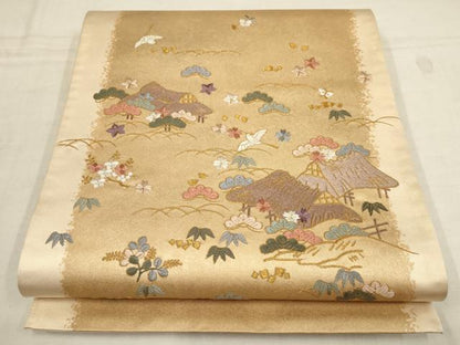 平和屋着物▼太鼓柄袋帯　作家物　松竹梅　風景花鳥文　金糸　正絹　逸品　AAAZ4389wj