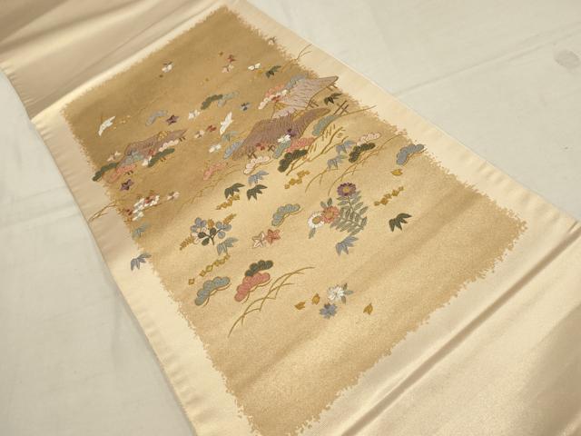 平和屋着物▼太鼓柄袋帯　作家物　松竹梅　風景花鳥文　金糸　正絹　逸品　AAAZ4389wj