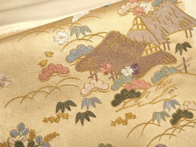 平和屋着物▼太鼓柄袋帯　作家物　松竹梅　風景花鳥文　金糸　正絹　逸品　AAAZ4389wj