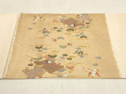 平和屋着物▼太鼓柄袋帯　作家物　松竹梅　風景花鳥文　金糸　正絹　逸品　AAAZ4389wj