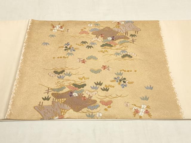 平和屋着物▼太鼓柄袋帯　作家物　松竹梅　風景花鳥文　金糸　正絹　逸品　AAAZ4389wj